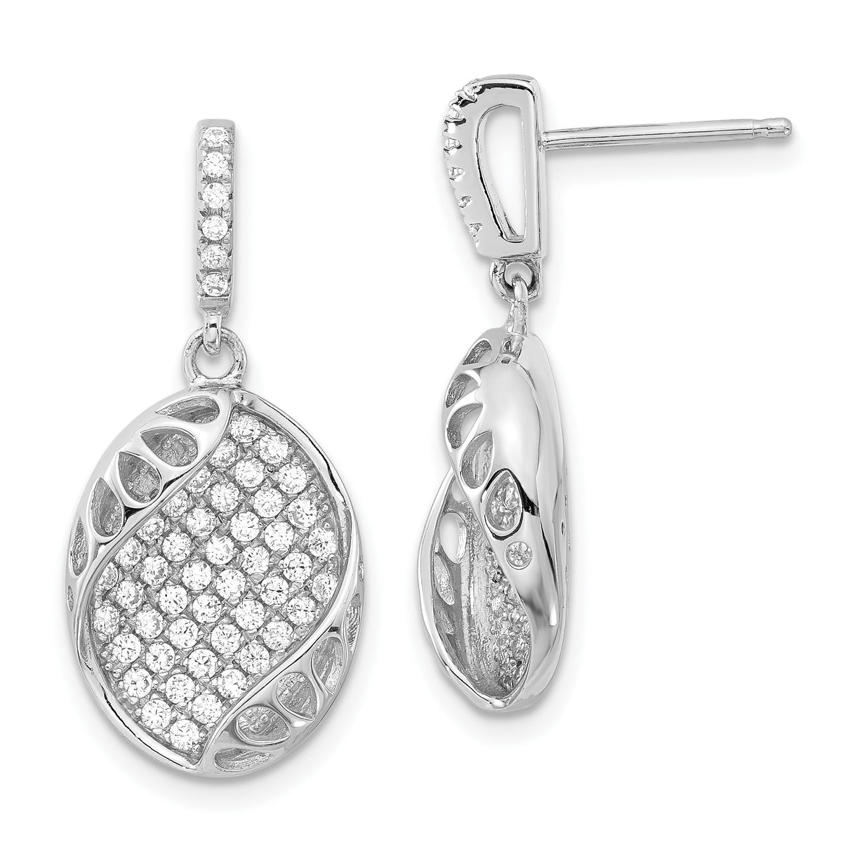 Sterling Silver Drop Earrings with Cubic Zirconia Pavé, Oval Cutout and Leaf Motif Design
