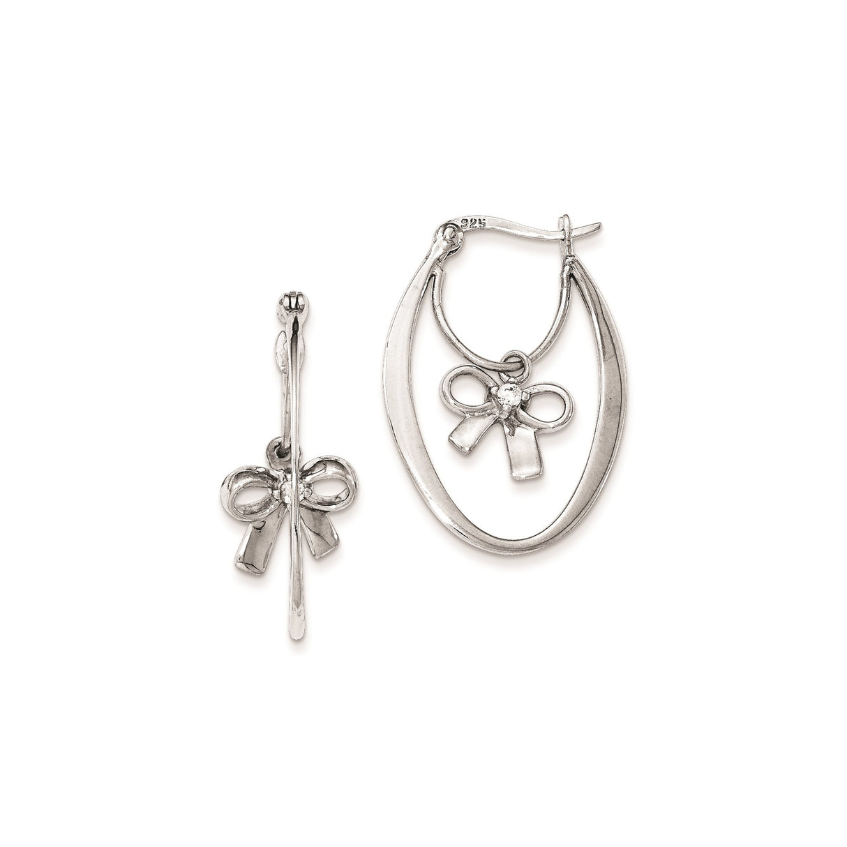 Sterling Silver Drop Earrings with Cubic Zirconia, Oval Hoop and Bow Design for Women