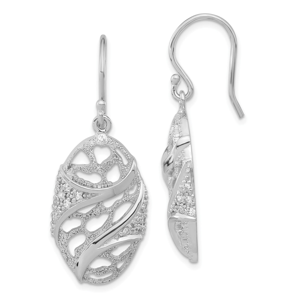 Sterling Silver Heart Dangle Earrings with Cubic Zirconia and Openwork Wave Design
