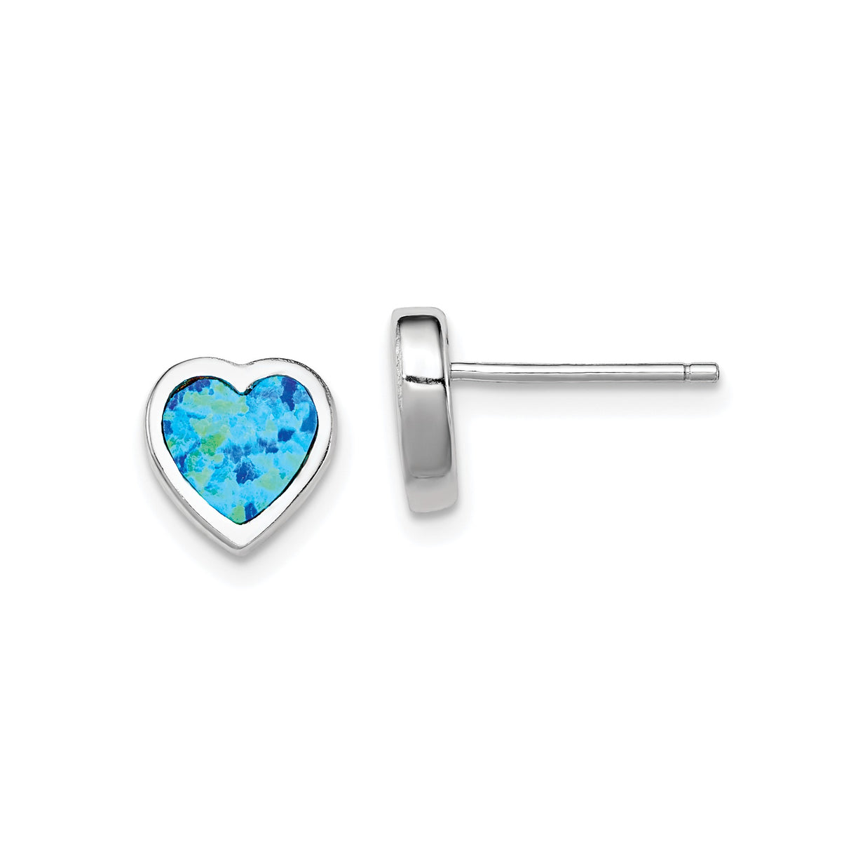 Sterling Silver Heart Stud Earrings with Created Blue Opal Inlay, Romantic Minimalist Jewelry