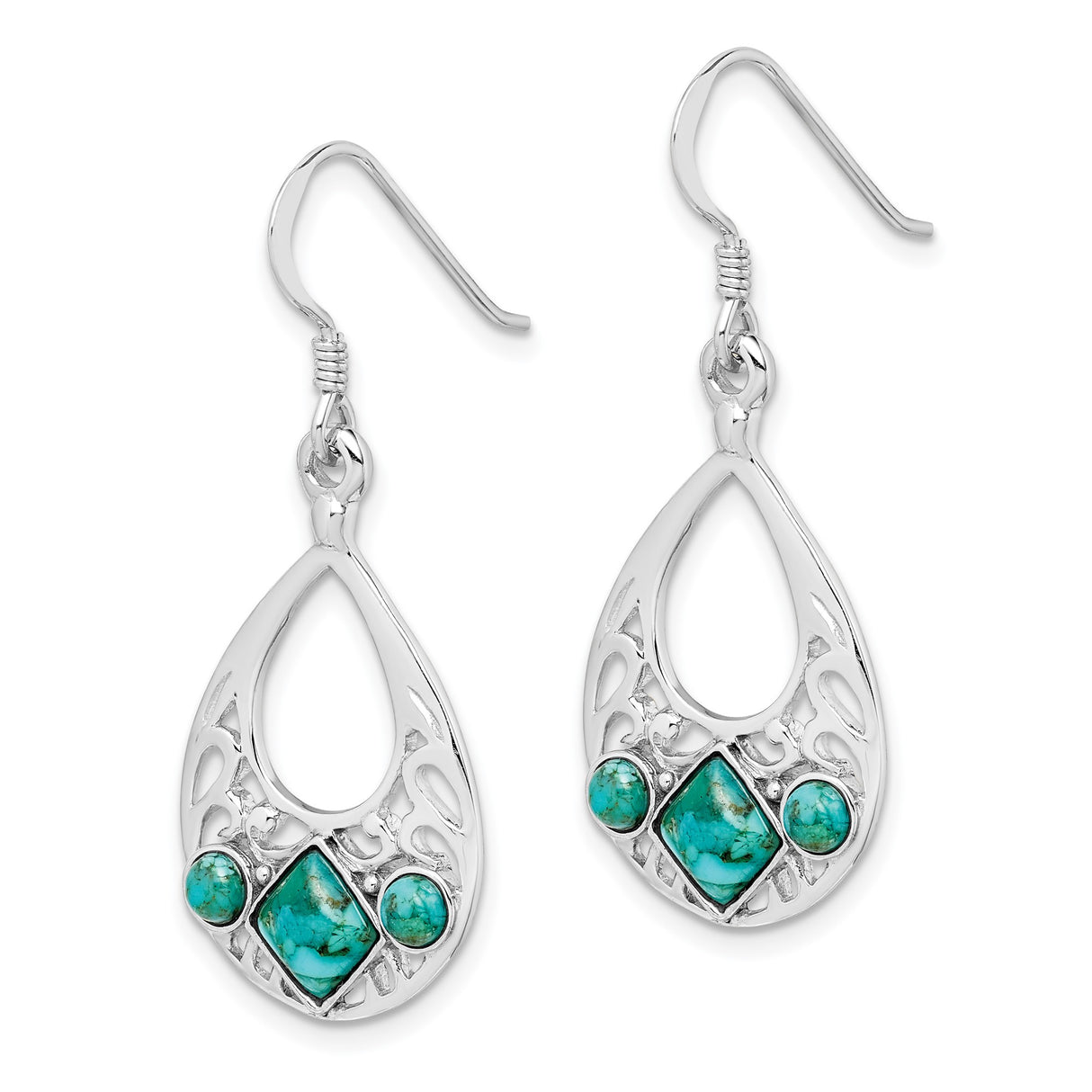 Sterling Silver Teardrop Dangle Earrings with Turquoise and Diamond Accents, Boho Southwest Style