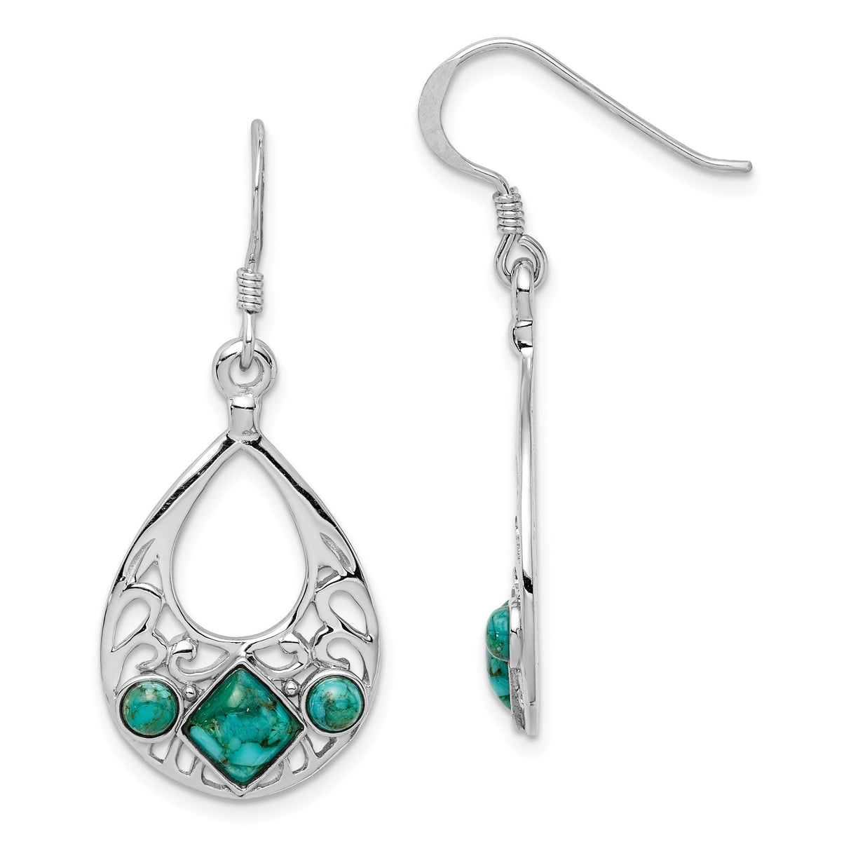 Sterling Silver Teardrop Dangle Earrings with Turquoise and Diamond Accents, Boho Southwest Style