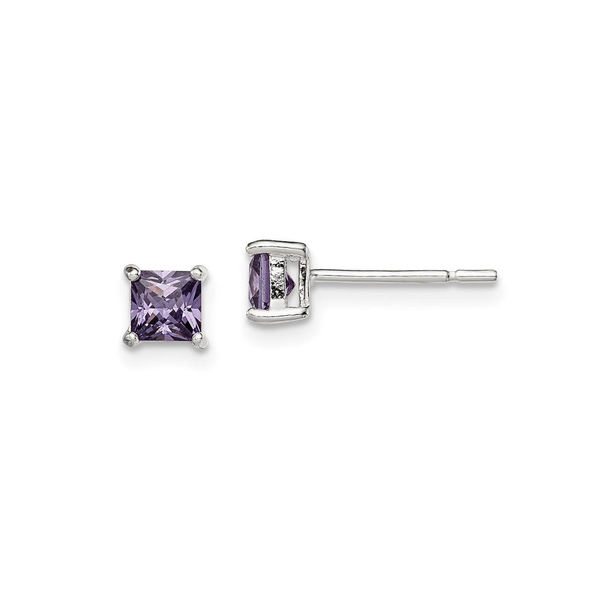 Sterling Silver Stud Earrings with Princess Cut Cubic Zirconia, Modern Minimalist Purple Design