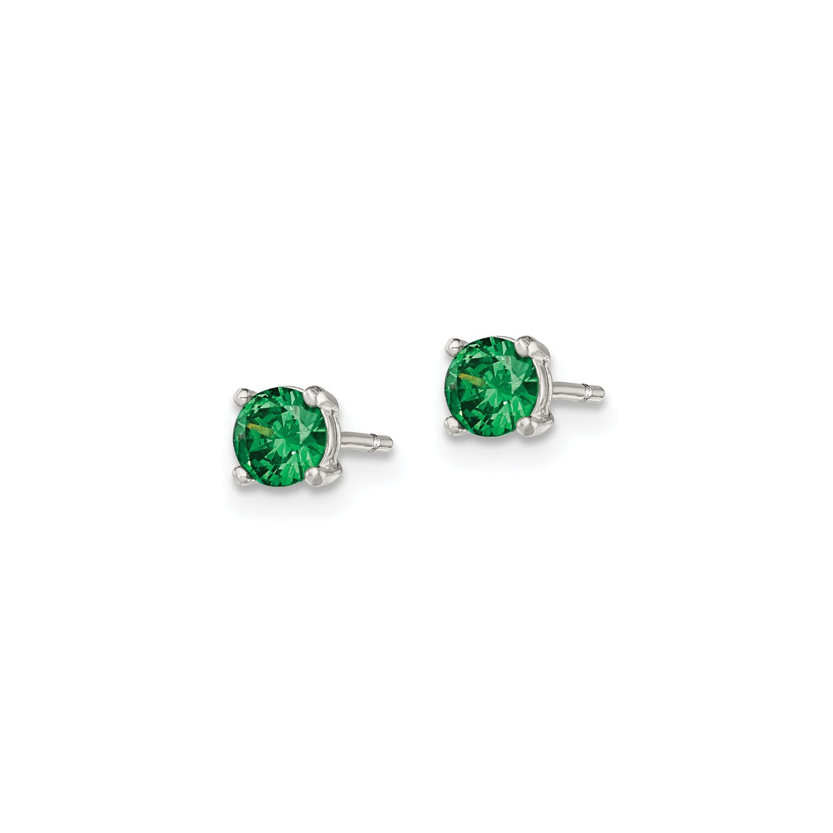 Sterling Silver Stud Earrings with Green Glass Stone, Round Cut in Four Prong Setting