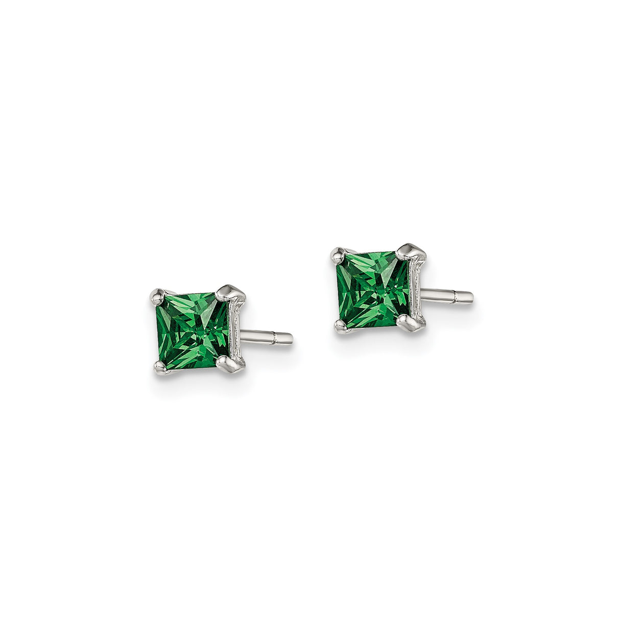 Sterling Silver Stud Earrings with Square Green Glass Gemstones, Minimalist Design for Women
