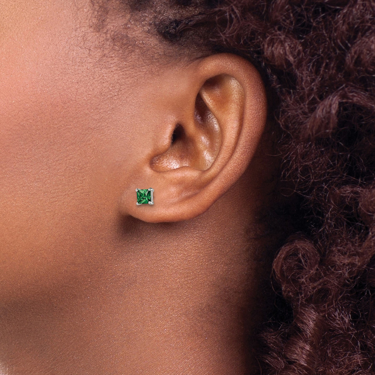 Sterling Silver Stud Earrings with Square Green Glass Gemstones, Minimalist Design for Women