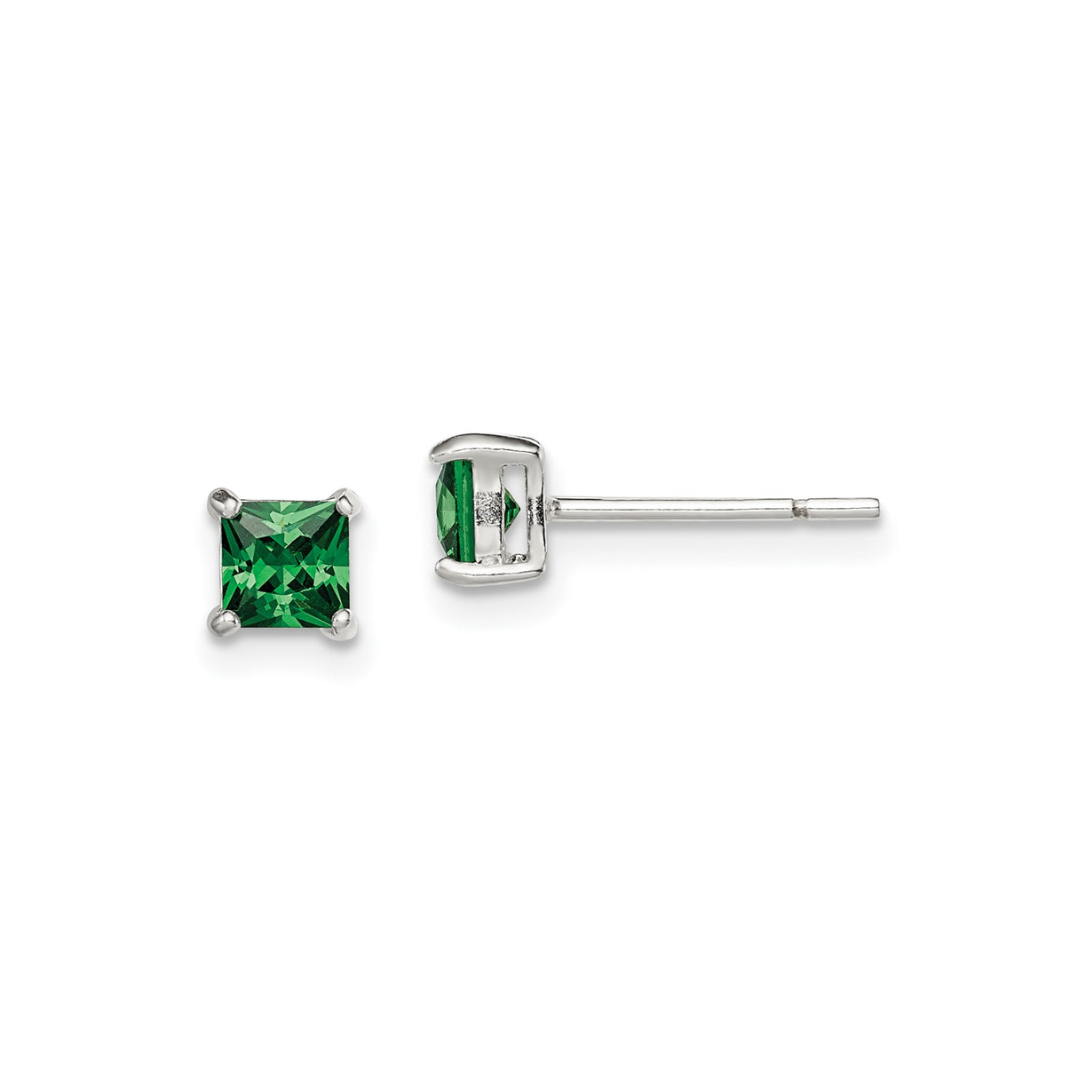 Sterling Silver Stud Earrings with Square Green Glass Gemstones, Minimalist Design for Women