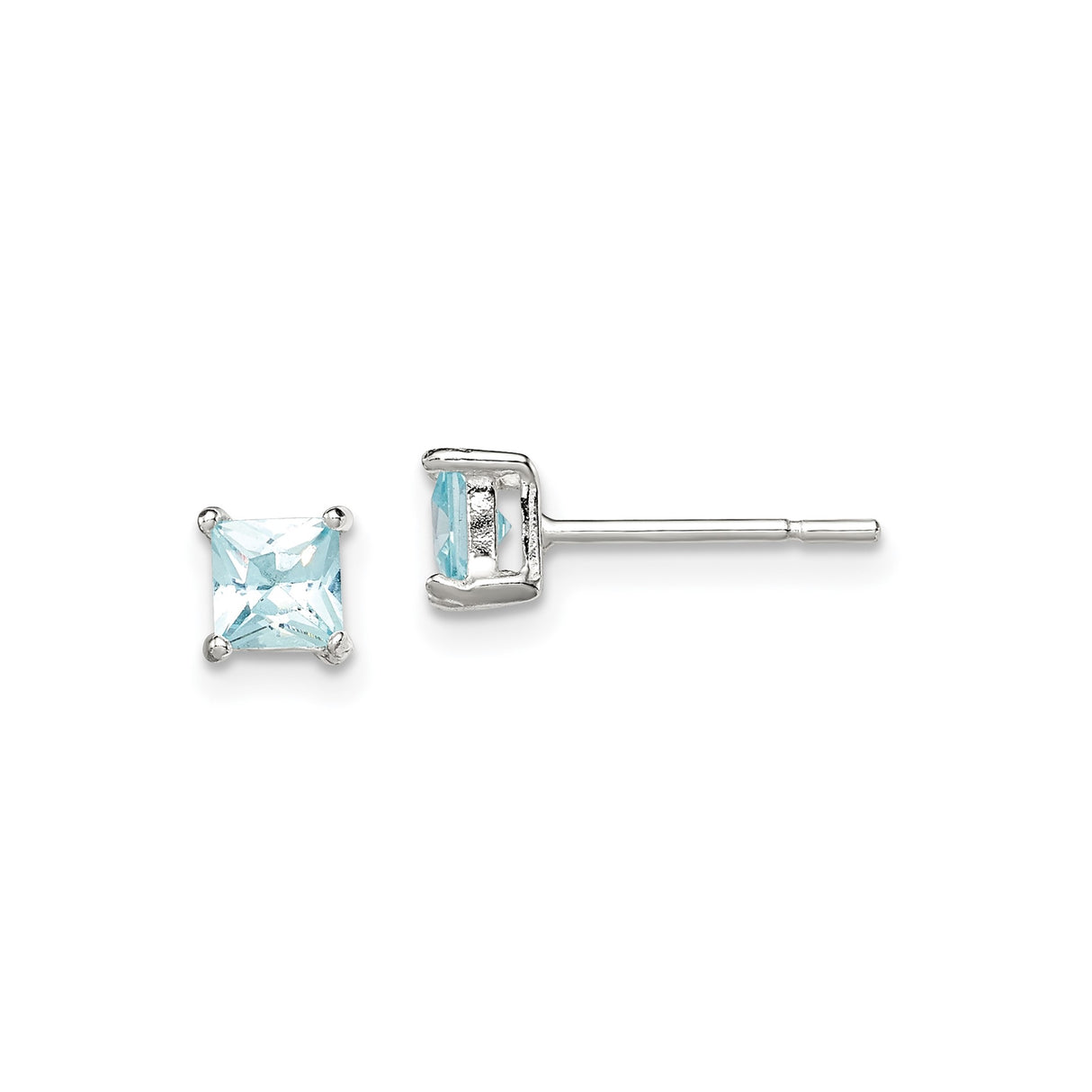Sterling Silver Square Stud Earrings with Light Blue Cubic Zirconia, Minimalist Modern Design