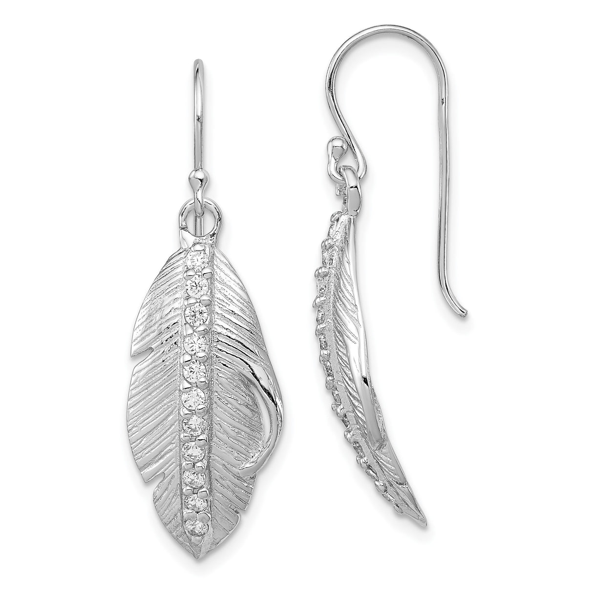 Sterling Silver Feather Drop Earrings with Cubic Zirconia, Boho Dangle Design for Women
