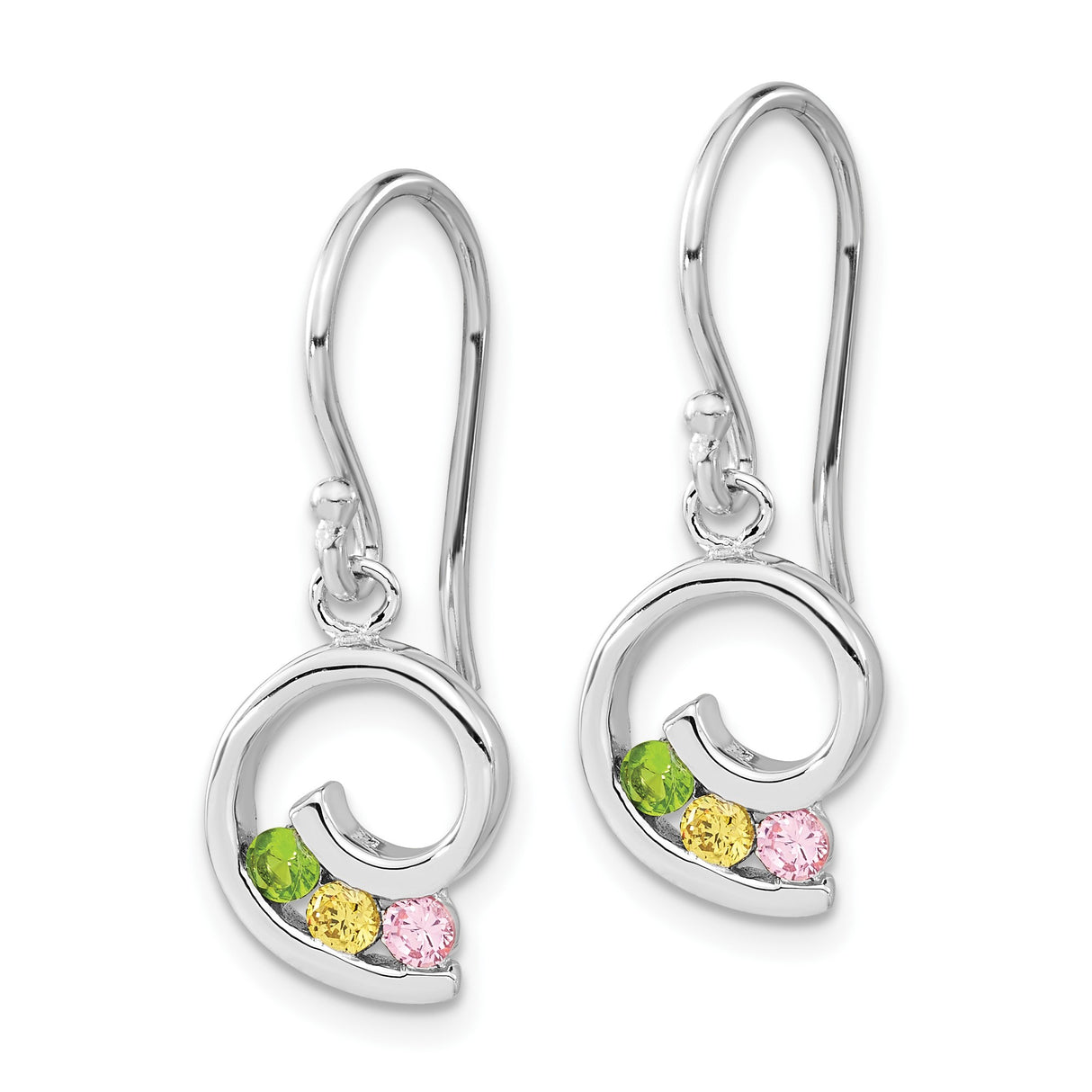 Sterling Silver Spiral Dangle Earrings with Multicolor Cubic Zirconia