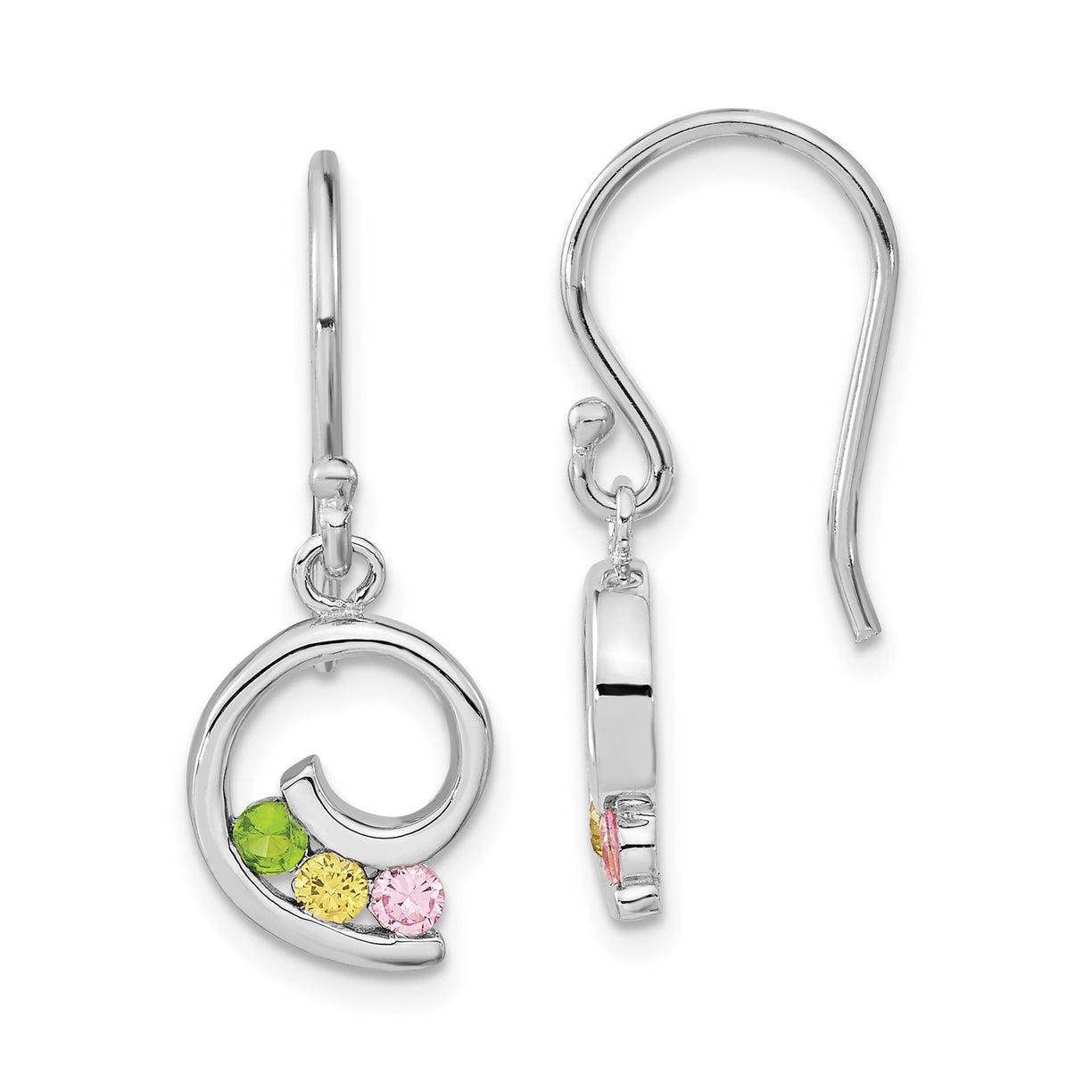 Sterling Silver Spiral Dangle Earrings with Multicolor Cubic Zirconia