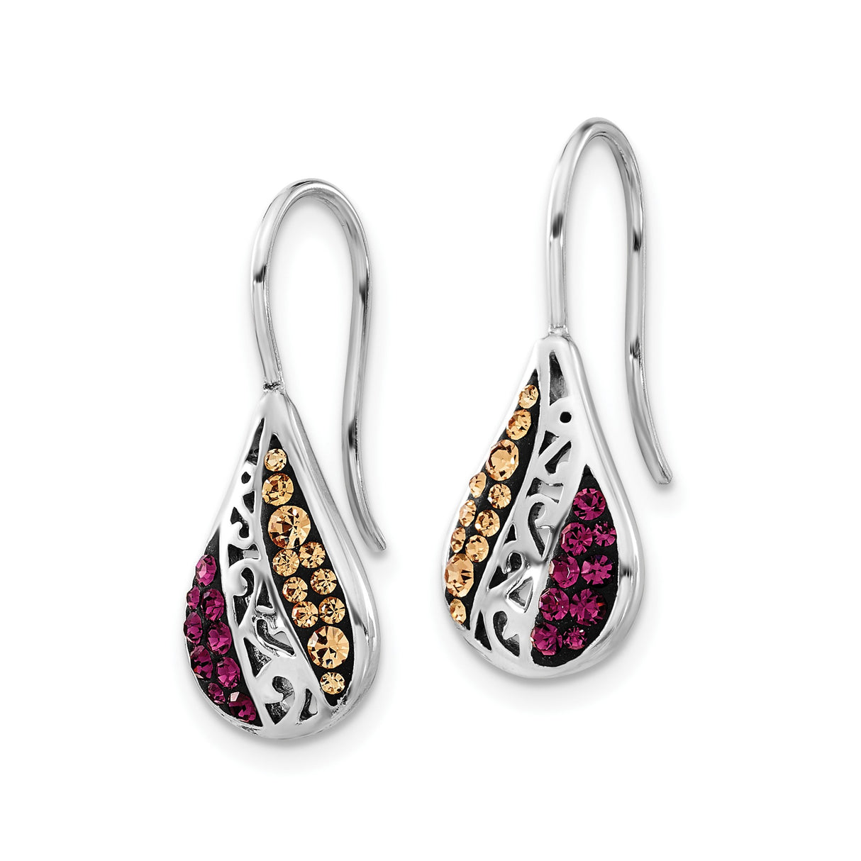 Sterling Silver Teardrop Dangle Earrings with Pink and Champagne Crystals, Open Filigree Design