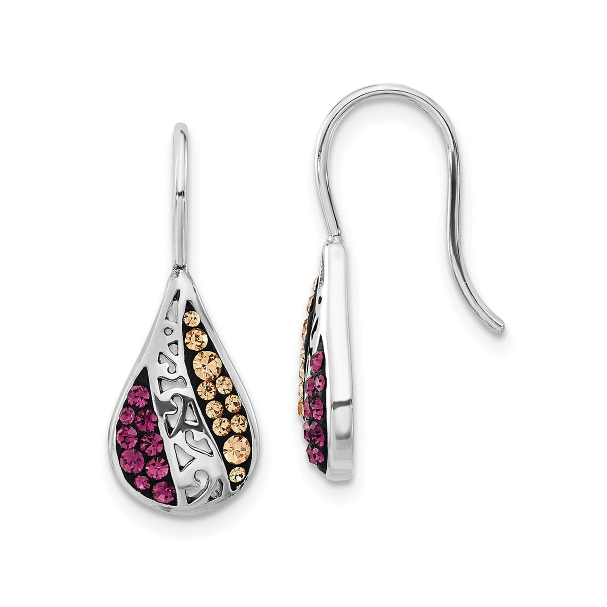 Sterling Silver Teardrop Dangle Earrings with Pink and Champagne Crystals, Open Filigree Design