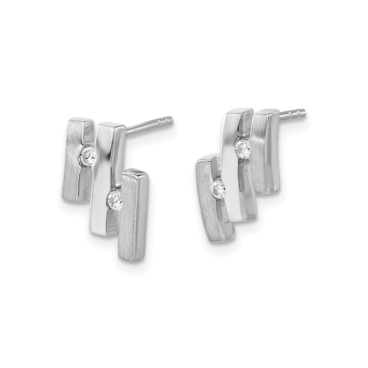 Sterling Silver Bar Stud Earrings with Cubic Zirconia, Brushed and Polished Finish, Modern Minimalist Design