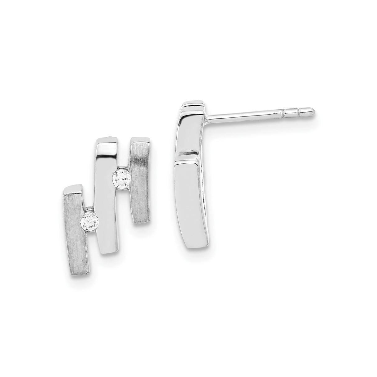 Sterling Silver Bar Stud Earrings with Cubic Zirconia, Brushed and Polished Finish, Modern Minimalist Design