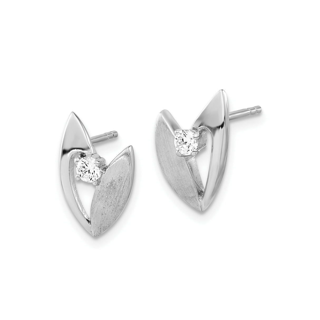 Sterling Silver Leaf Stud Earrings with Cubic Zirconia and Brushed Polished Finish
