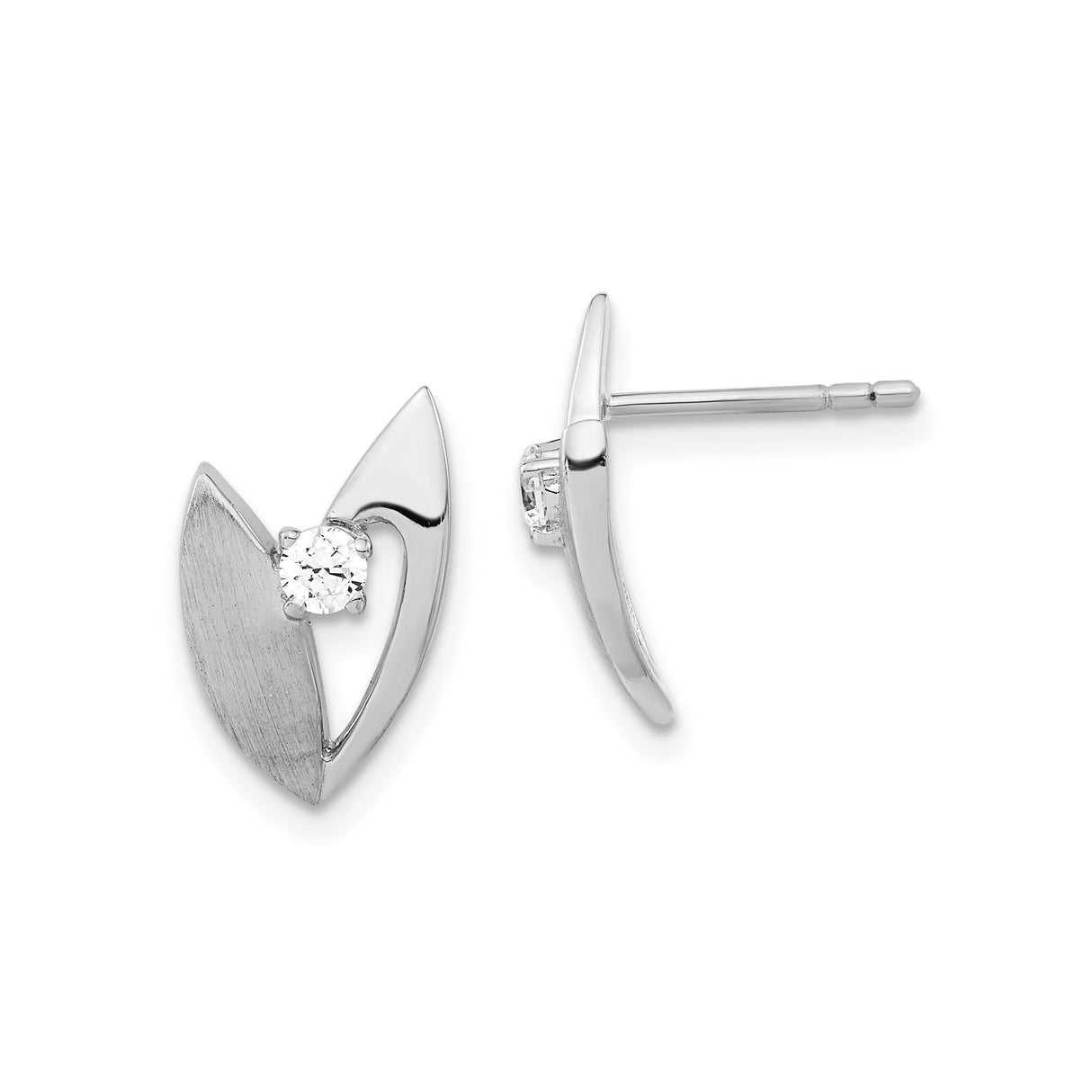 Sterling Silver Leaf Stud Earrings with Cubic Zirconia and Brushed Polished Finish