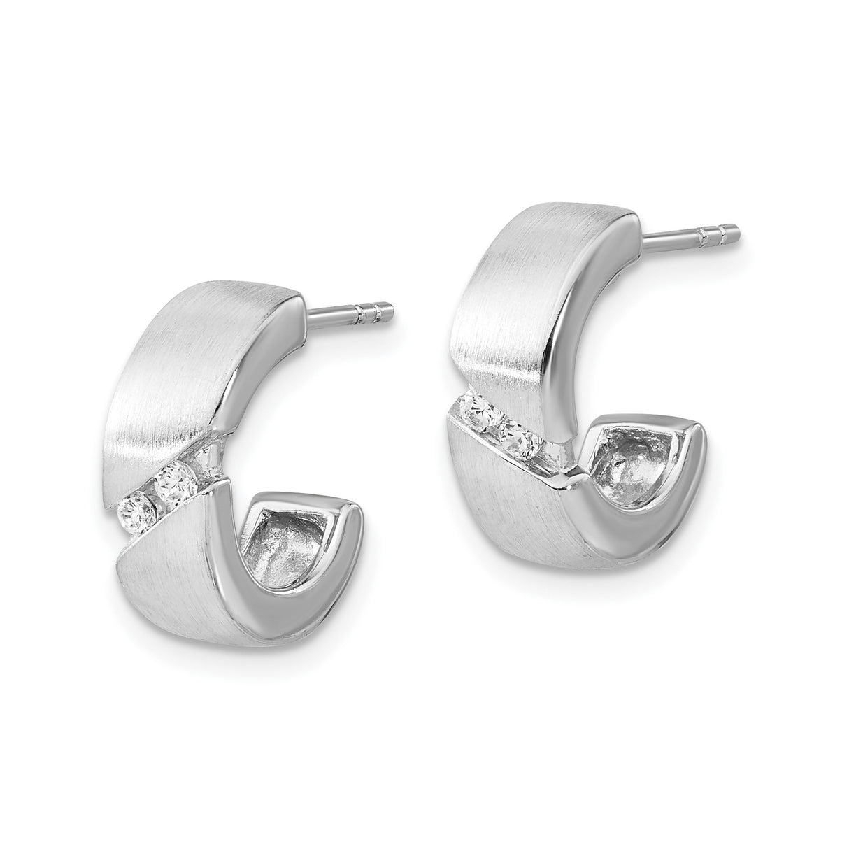 Sterling Silver Half Hoop Earrings with Cubic Zirconia and Brushed Finish for Women