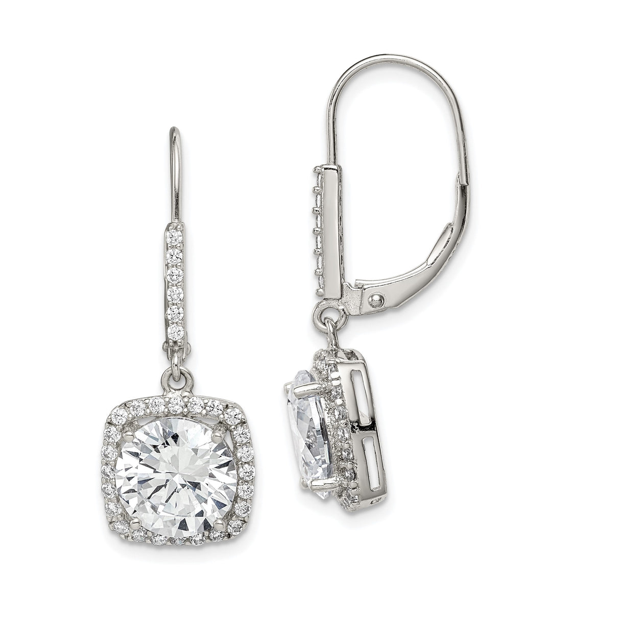Sterling Silver Dangle Earrings with Cushion Cut Cubic Zirconia and Halo Setting