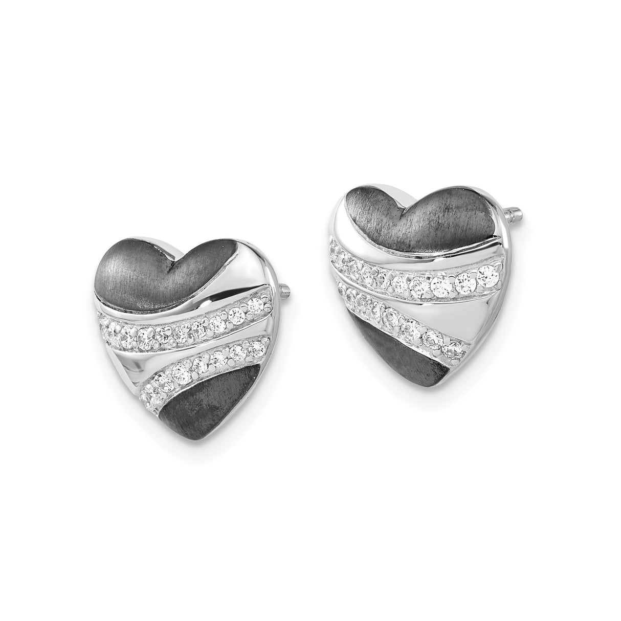 Sterling Silver Heart Stud Earrings with Black Enamel and Cubic Zirconia Inlay