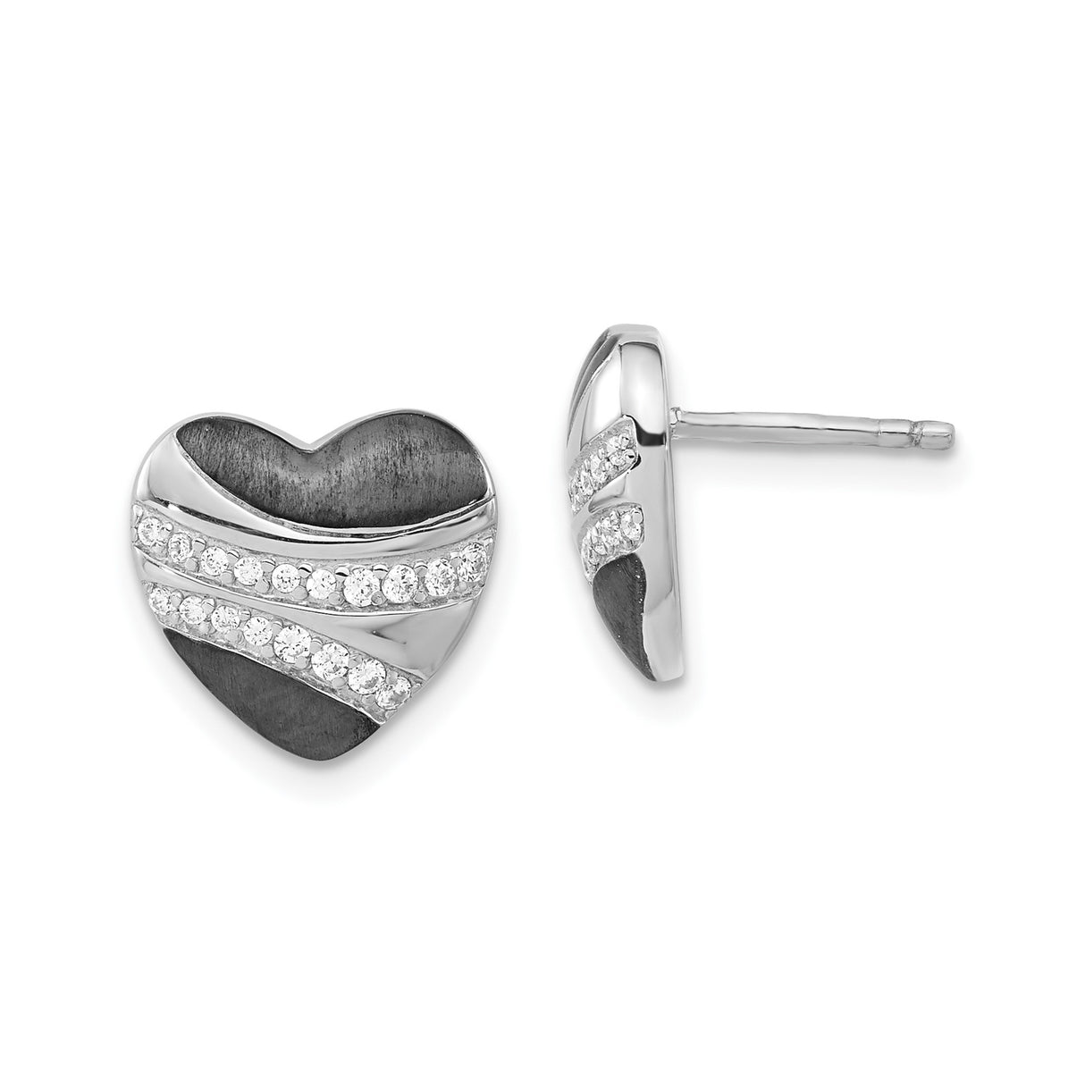Sterling Silver Heart Stud Earrings with Black Enamel and Cubic Zirconia Inlay