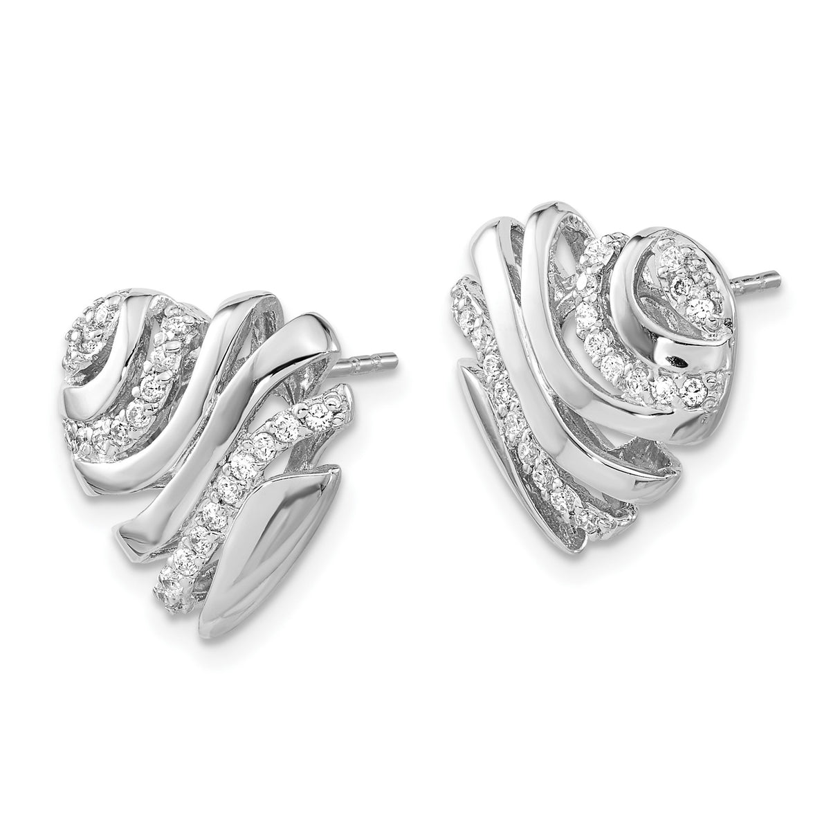 Sterling Silver Stud Earrings with Cubic Zirconia, Abstract Swirl Wave Design for Women