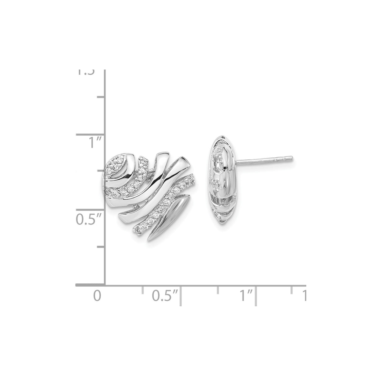 Sterling Silver Stud Earrings with Cubic Zirconia, Abstract Swirl Wave Design for Women