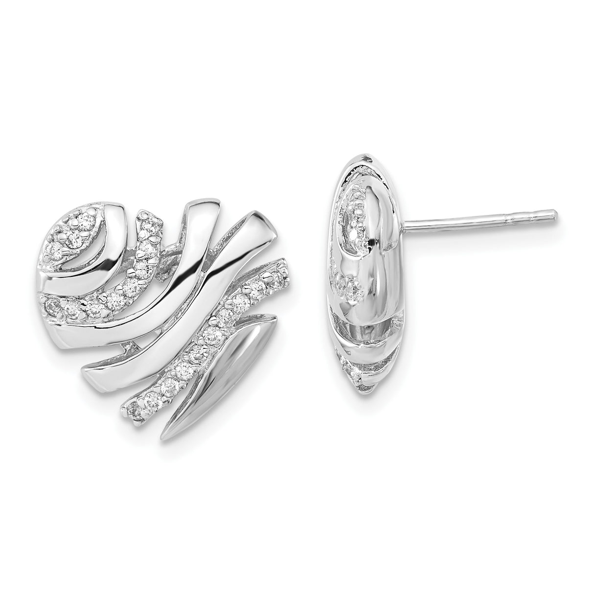 Sterling Silver Stud Earrings with Cubic Zirconia, Abstract Swirl Wave Design for Women