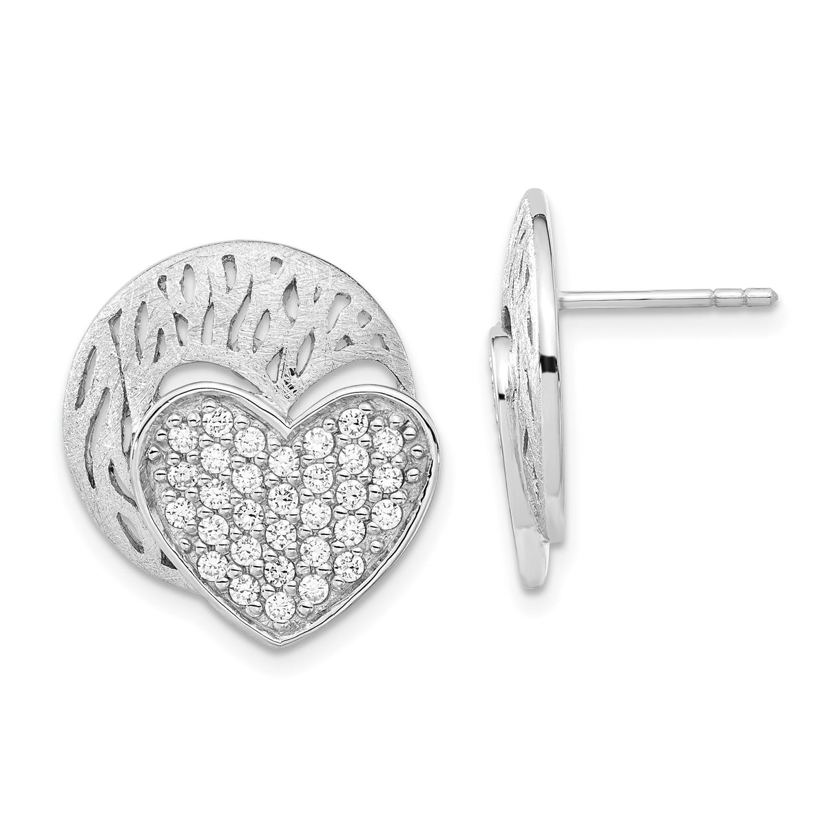 Sterling Silver Stud Earrings with Cubic Zirconia, Pavé Heart and Tree of Life Design