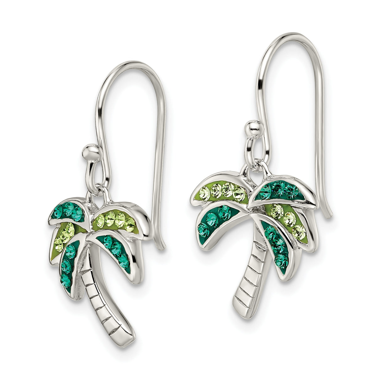 Sterling Silver Palm Tree Dangle Earrings with Green Teal Crystals, Tropical Beach Style