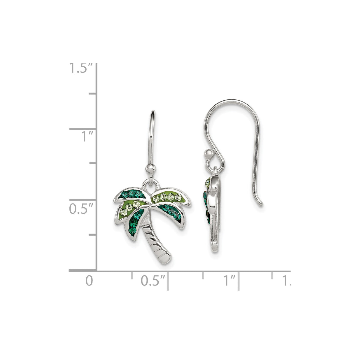 Sterling Silver Palm Tree Dangle Earrings with Green Teal Crystals, Tropical Beach Style