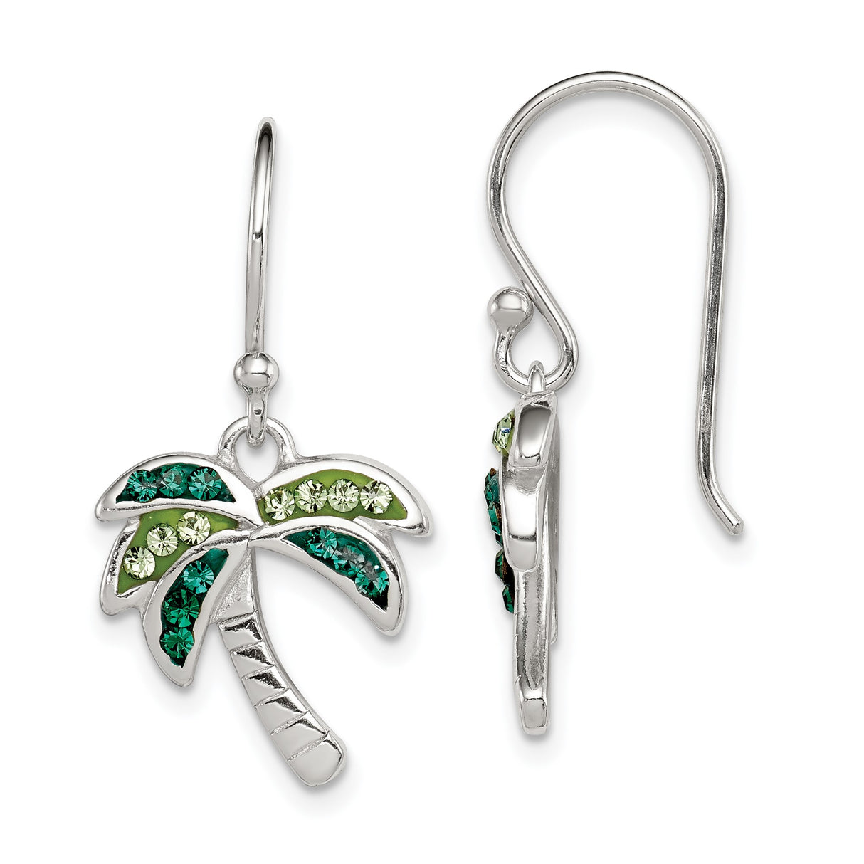 Sterling Silver Palm Tree Dangle Earrings with Green Teal Crystals, Tropical Beach Style