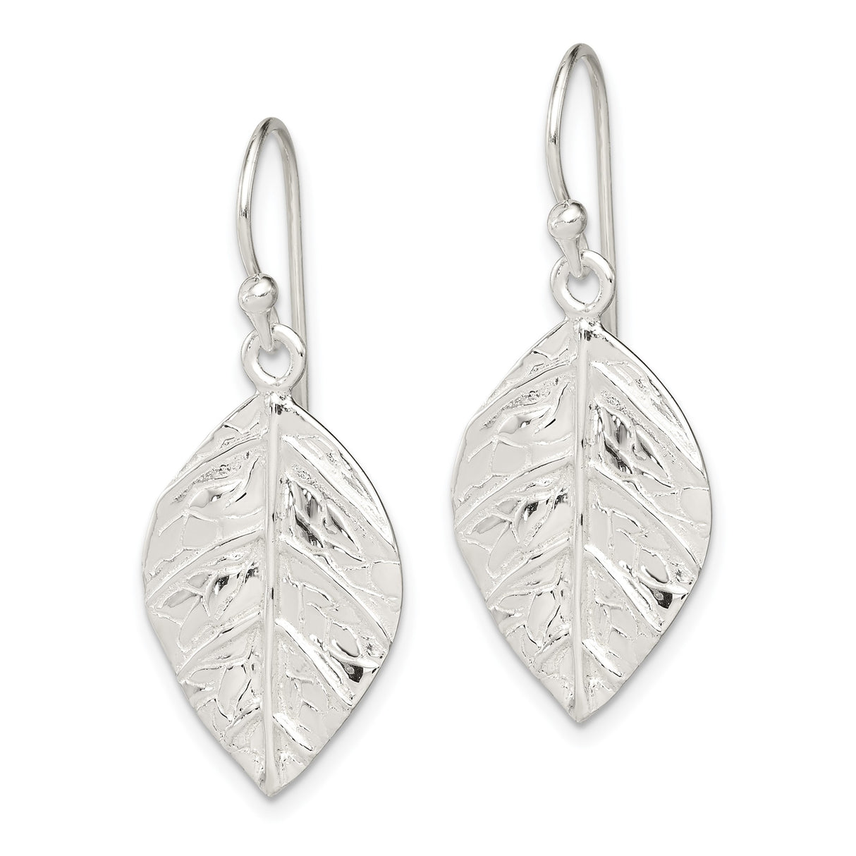 Sterling Silver Leaf Drop Earrings, Textured Botanical Dangle Design, Nature Inspired Boho Style