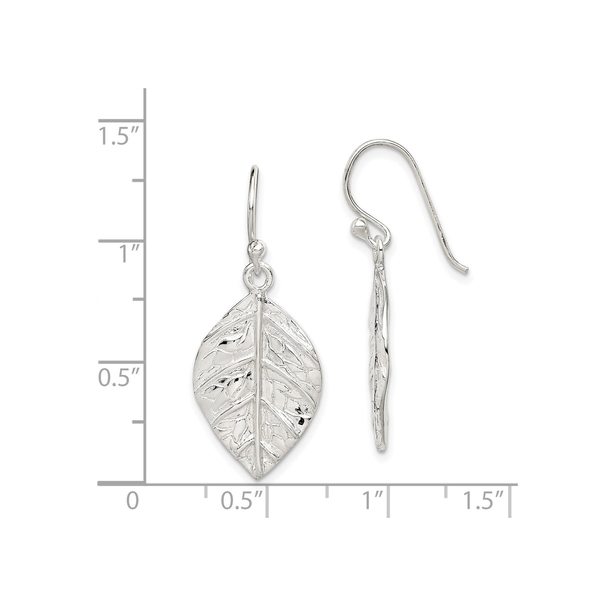 Sterling Silver Leaf Drop Earrings, Textured Botanical Dangle Design, Nature Inspired Boho Style