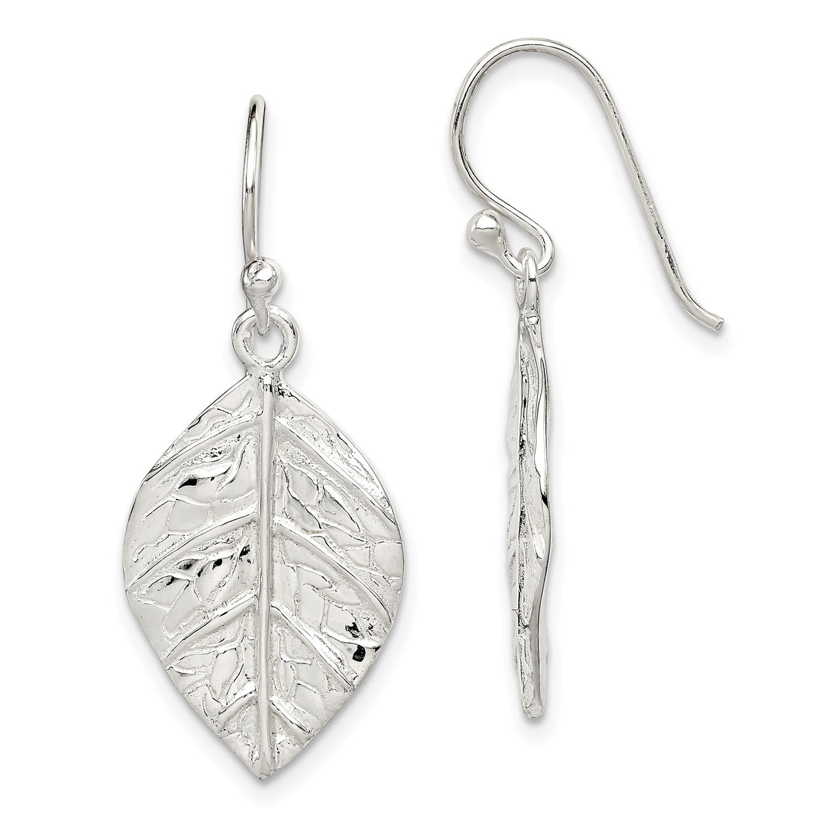 Sterling Silver Leaf Drop Earrings, Textured Botanical Dangle Design, Nature Inspired Boho Style