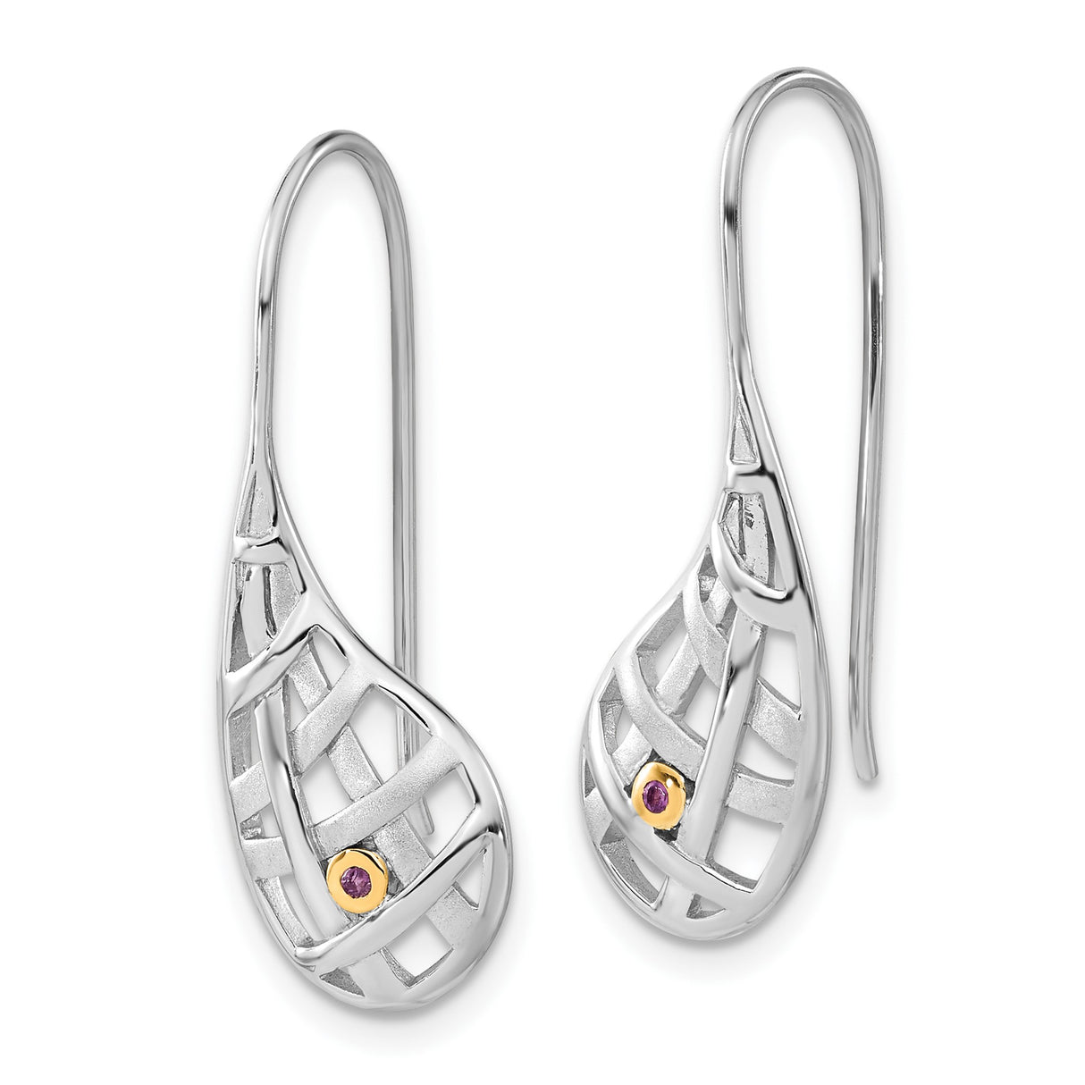 Sterling Silver Teardrop Earrings with Amethyst, Gold-Plated Lattice Design for Women