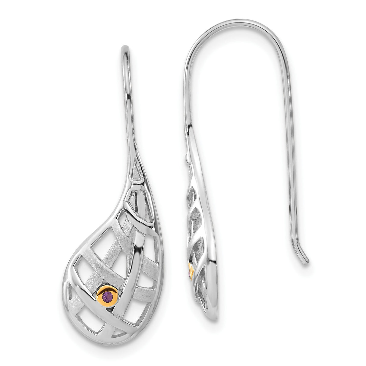 Sterling Silver Teardrop Earrings with Amethyst, Gold-Plated Lattice Design for Women