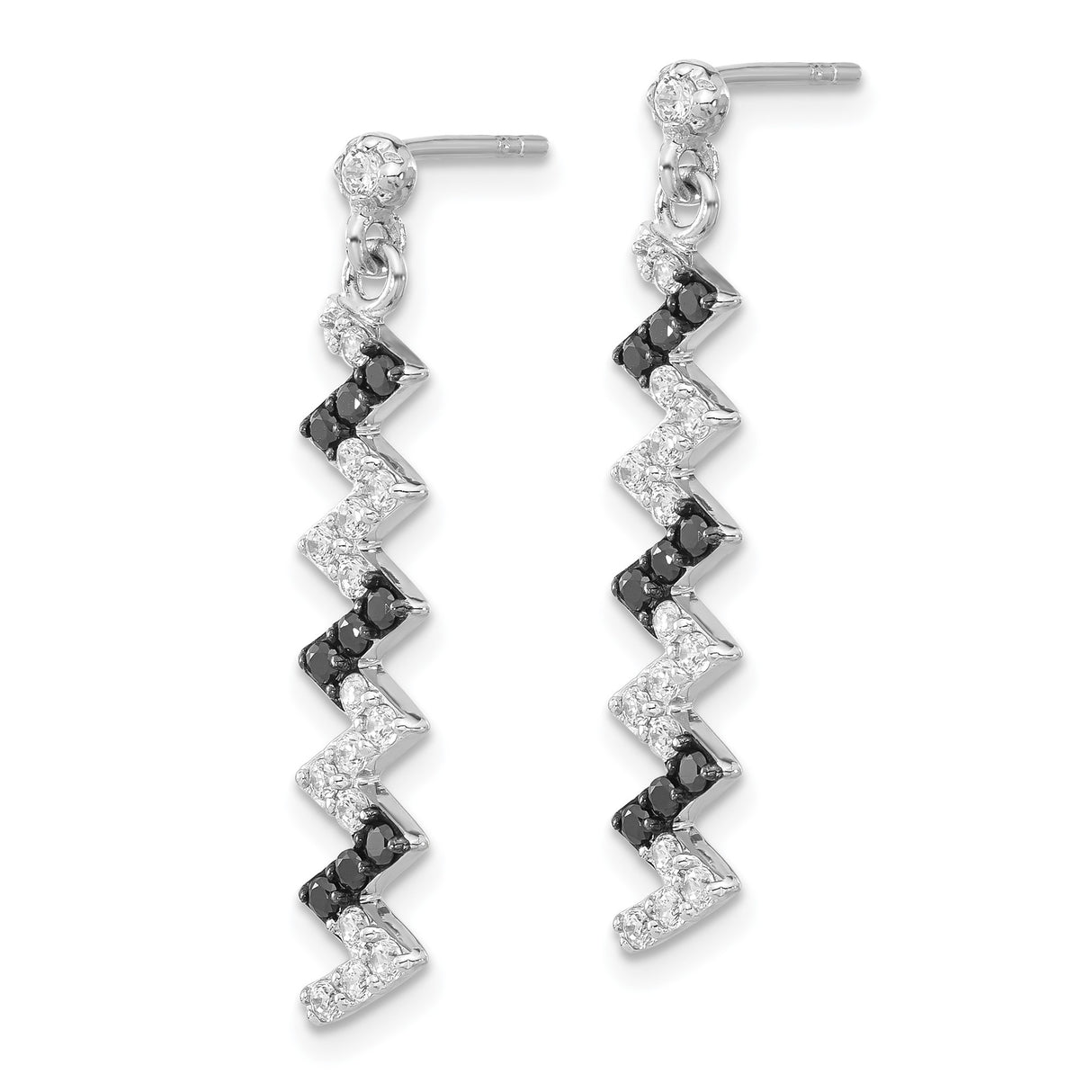 Sterling Silver Drop Earrings with Cubic Zirconia, Zigzag Design, Black and White Stones