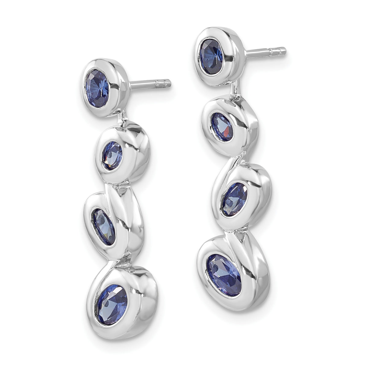 Sterling Silver Drop Earrings with Three Oval Blue Cubic Zirconia, Flowing Contemporary Design