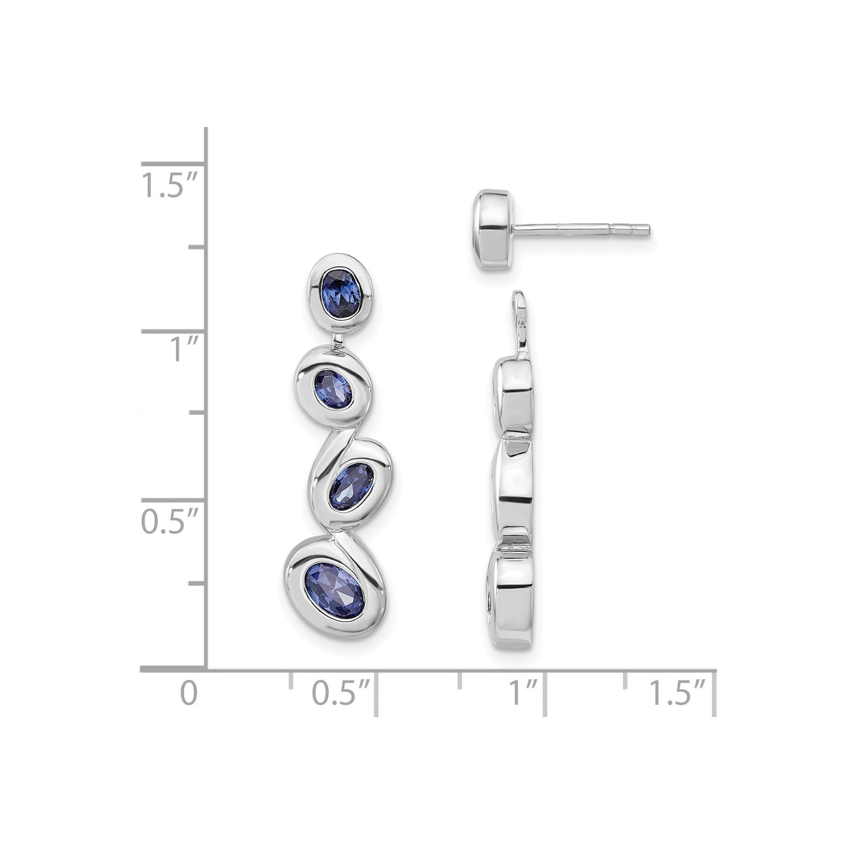 Sterling Silver Drop Earrings with Three Oval Blue Cubic Zirconia, Flowing Contemporary Design