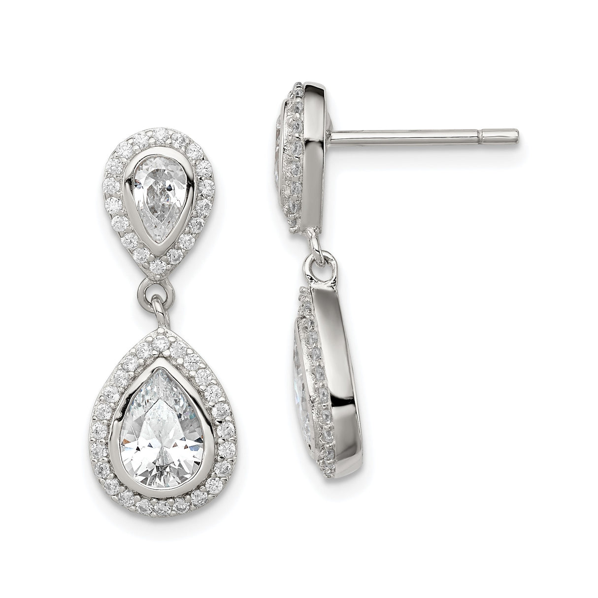 Sterling Silver Teardrop Dangle Earrings with Cubic Zirconia, Pear Cut Halo Design