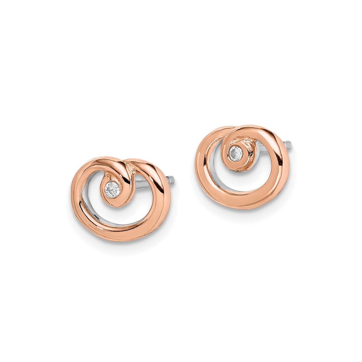 Sterling Silver Spiral Stud Earrings with Cubic Zirconia, Rose Gold Plated Swirl Design