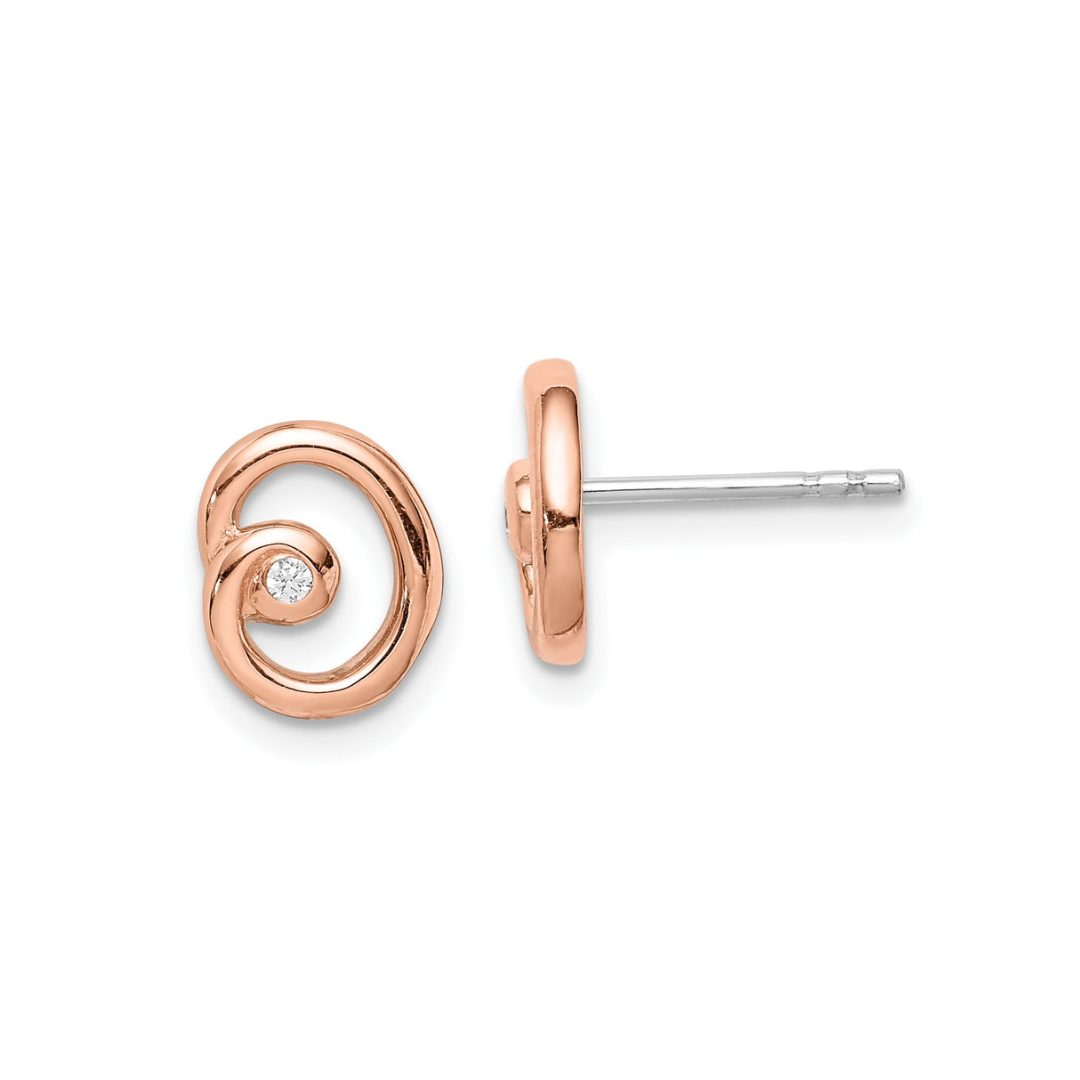 Sterling Silver Spiral Stud Earrings with Cubic Zirconia, Rose Gold Plated Swirl Design