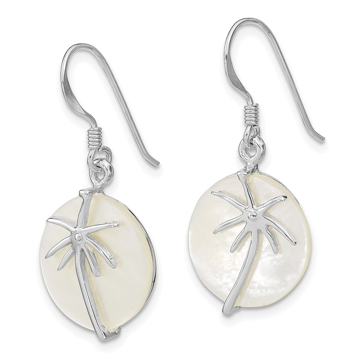 Sterling Silver Dangle Earrings with Round Mother-of-Pearl Discs, Palm Tree Design
