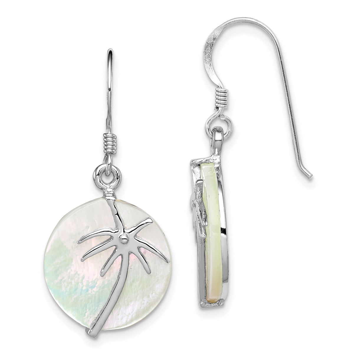 Sterling Silver Dangle Earrings with Round Mother-of-Pearl Discs, Palm Tree Design