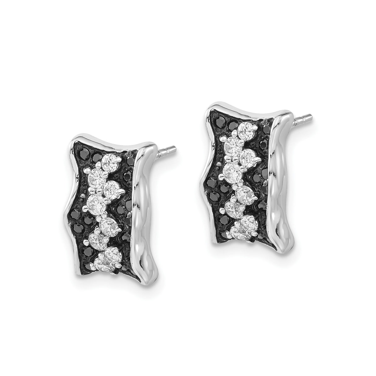Sterling Silver Stud Earrings with Black and White Cubic Zirconia, Wavy Geometric Design