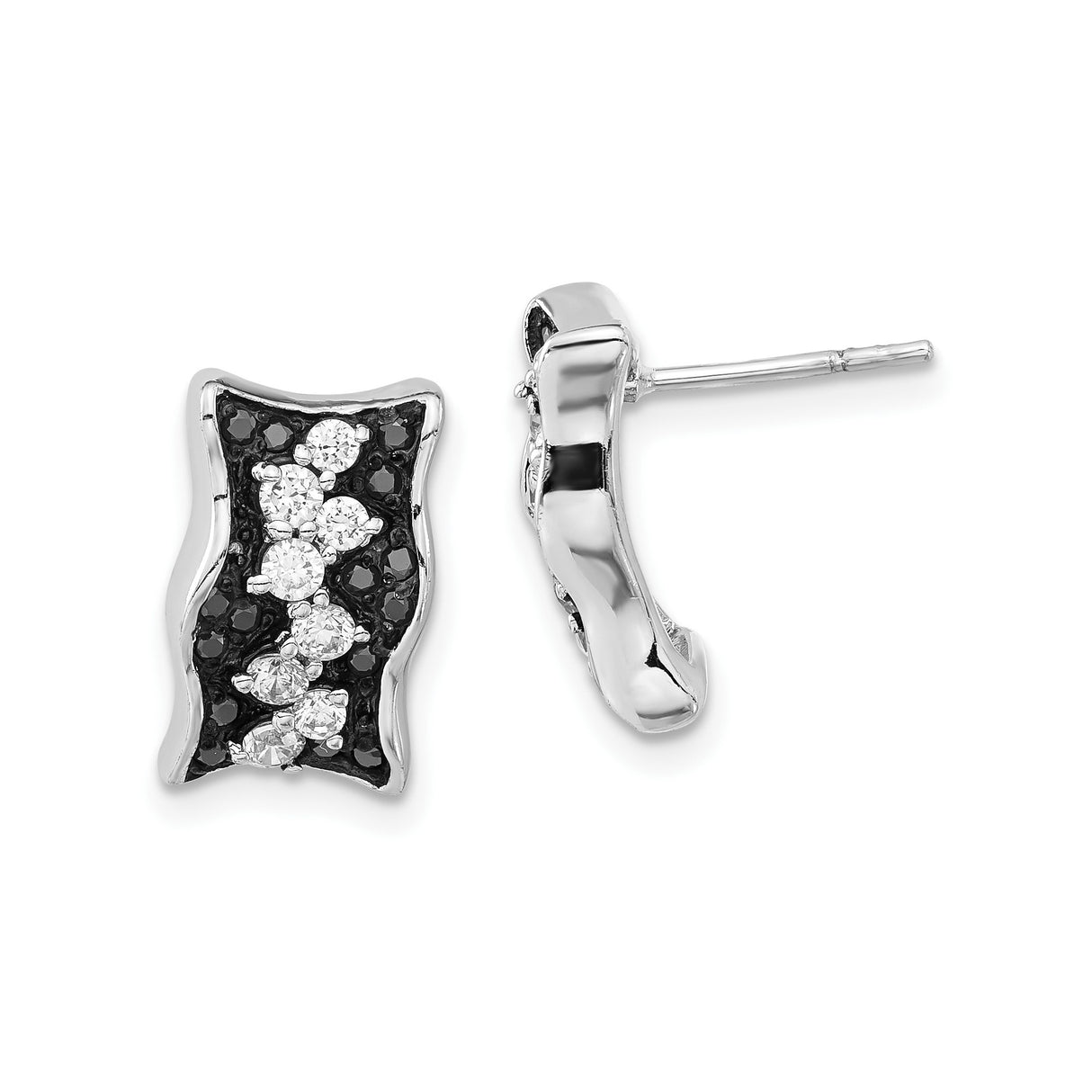 Sterling Silver Stud Earrings with Black and White Cubic Zirconia, Wavy Geometric Design
