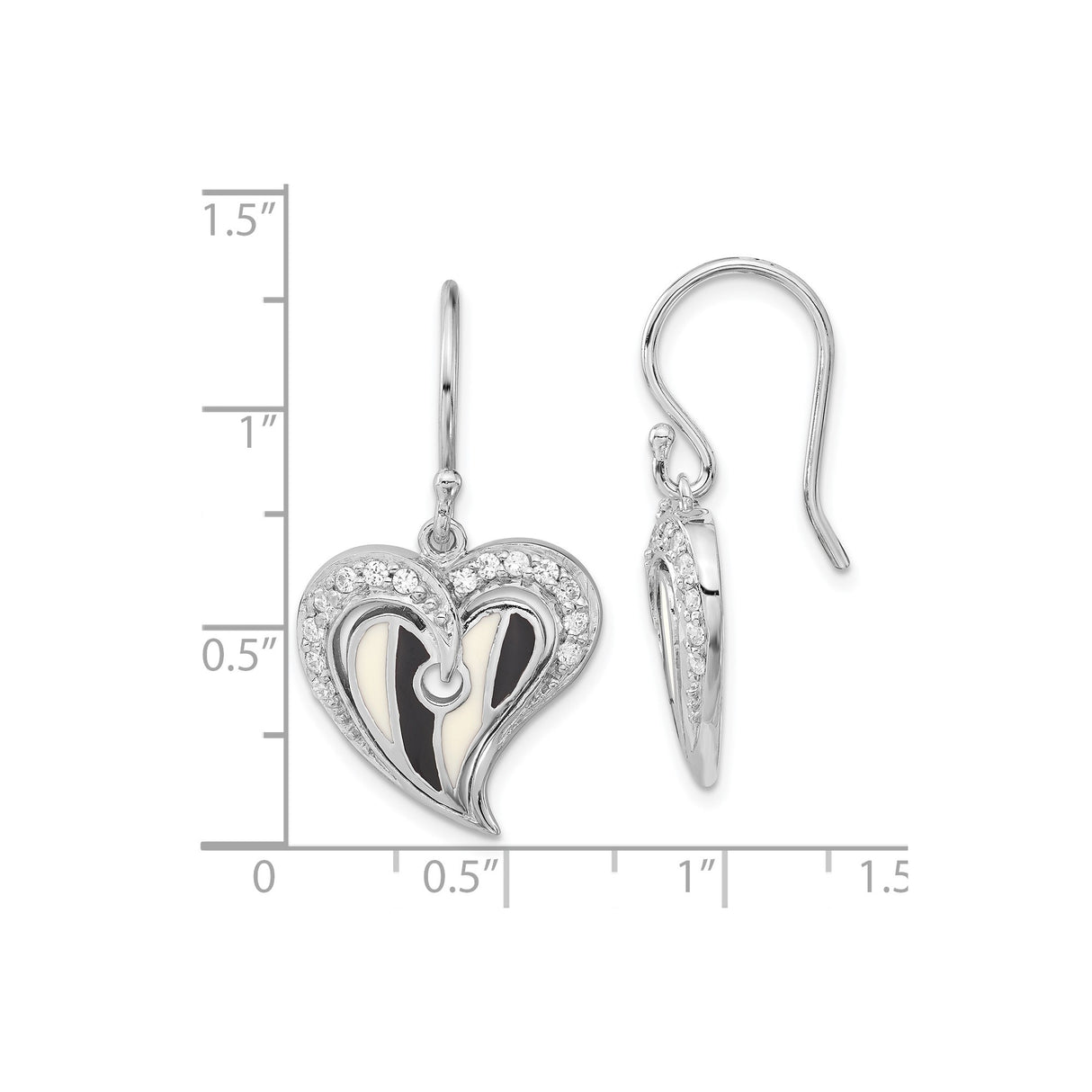 Sterling Silver Heart Dangle Earrings with Cubic Zirconia and Black and White Enamel