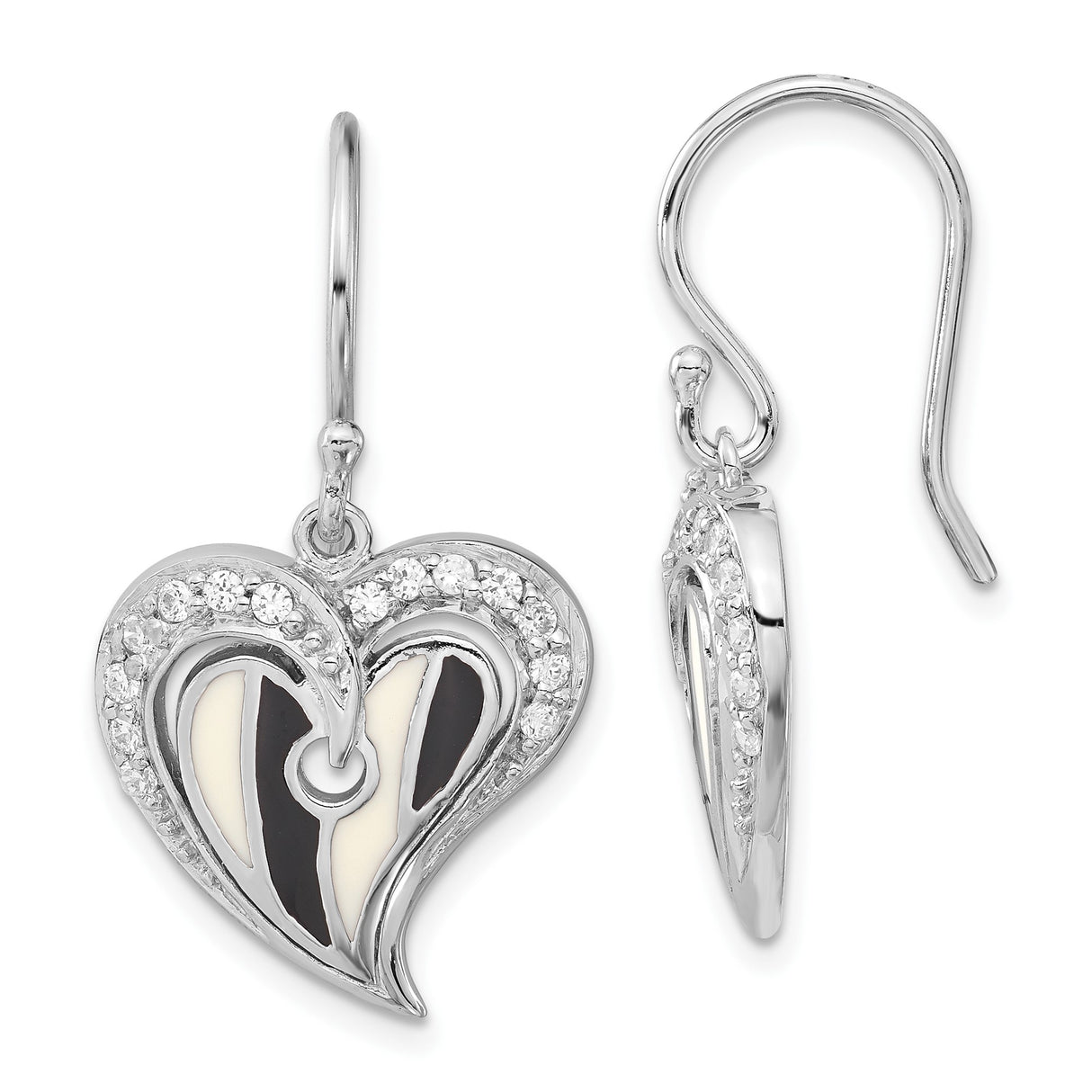 Sterling Silver Heart Dangle Earrings with Cubic Zirconia and Black and White Enamel