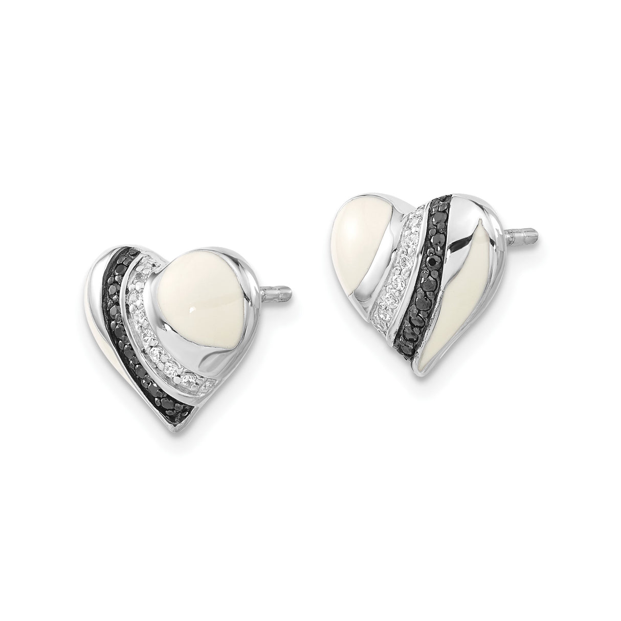 Sterling Silver Heart Stud Earrings with Black and White Cubic Zirconia, Diagonal Stripe Design